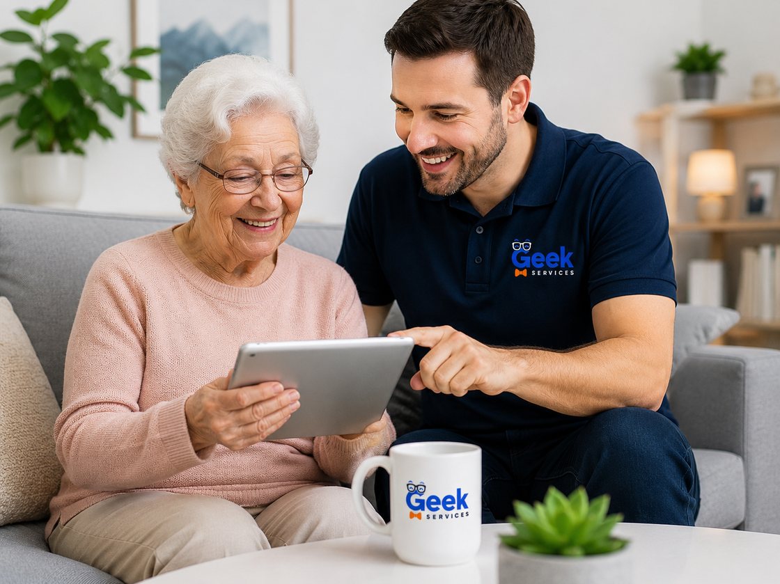 A Geek Services technician helping a senior at home