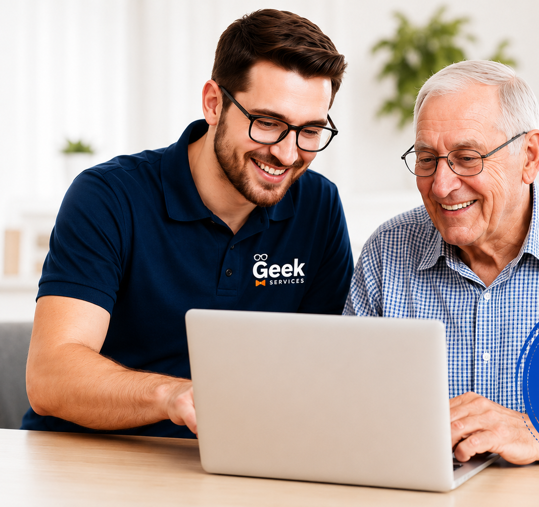 A friendly technician helping a senior with a laptop at home